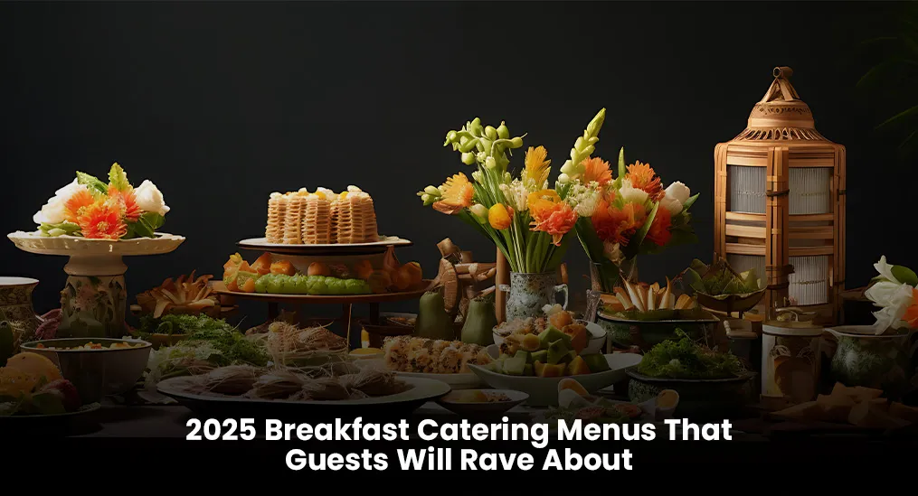 Elegant breakfast catering spread with waffles, pastries, fresh fruits, and floral arrangements.