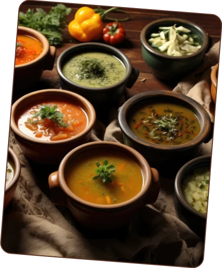 A top-down view of several rustic bowls filled with different kinds of soups, some garnished with fresh herbs, with vegetables in the background.
