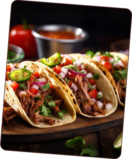 A close-up of three tacos filled with shredded meat, diced tomatoes, red onions, cilantro, and jalapeños, resting on a wooden board.