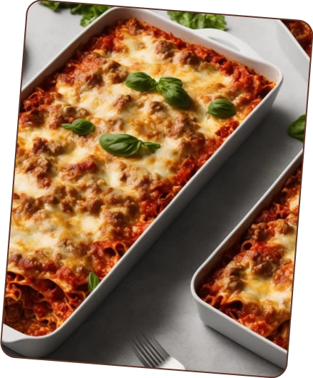 A freshly baked lasagna with melted cheese and basil leaves in a white baking dish, with another smaller dish of lasagna in the background.