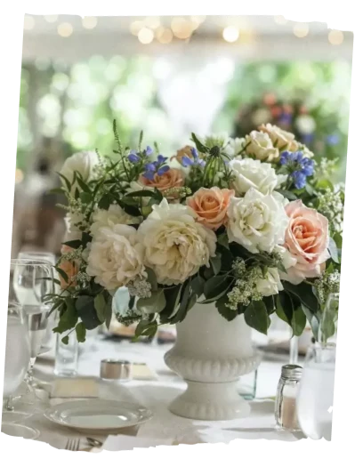 A beautiful floral centerpiece in a white vase, featuring white, peach, and light blue flowers, surrounded by table settings.