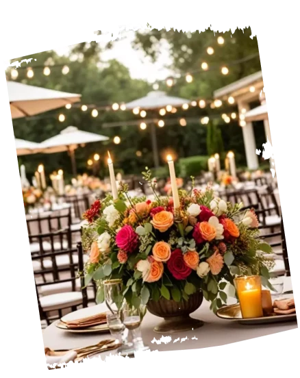 A table set with a vibrant floral centerpiece and two lit candles, surrounded by other tables under string lights and umbrellas for an outdoor event.