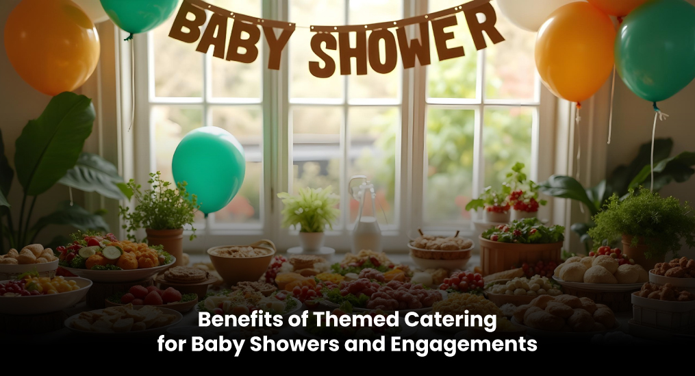 Colorful baby shower setup with themed food and decorations by Catering Houston.