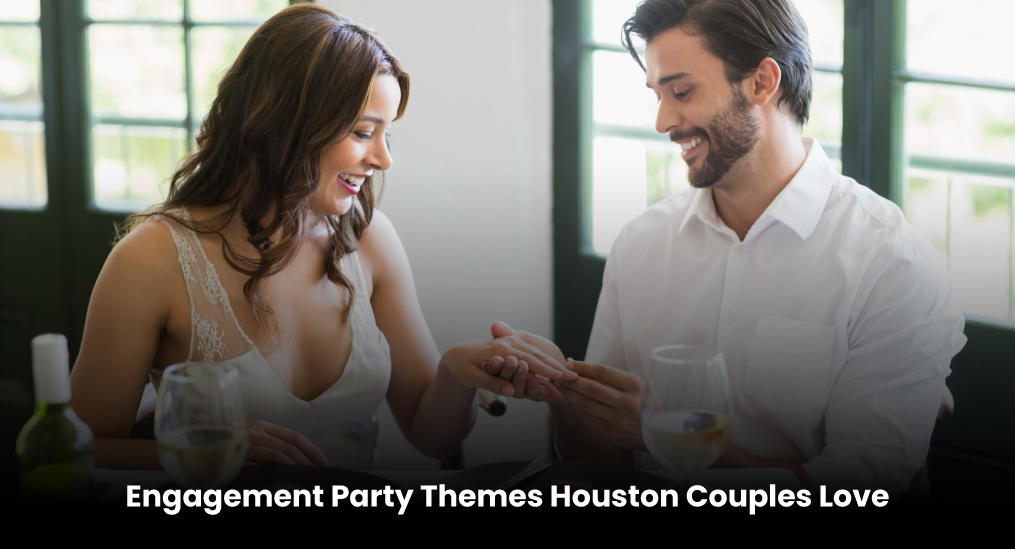 Happy couple celebrating their engagement with a romantic dinner setup by Catering Houston.