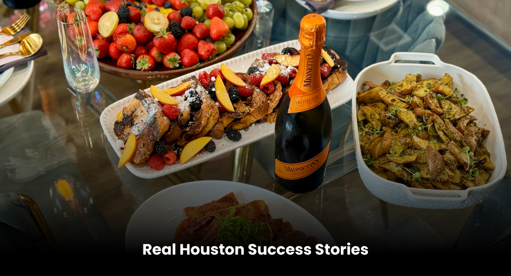 Elegant brunch spread with fruit, pasta, and champagne by Catering Houston for a successful event.