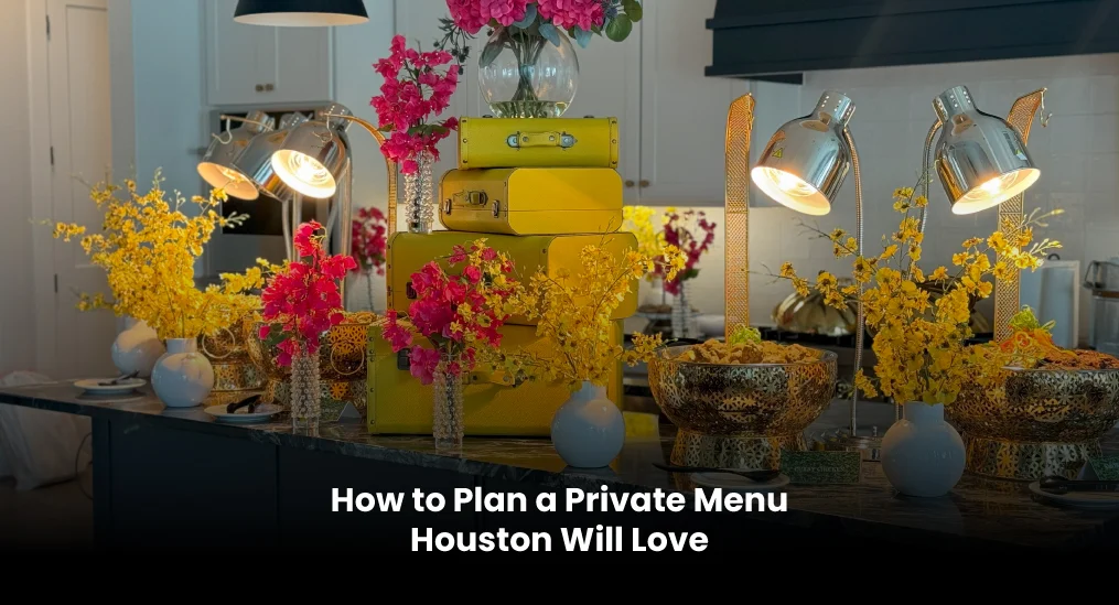 Colorful private menu table setup with flowers and decorative lighting in Houston