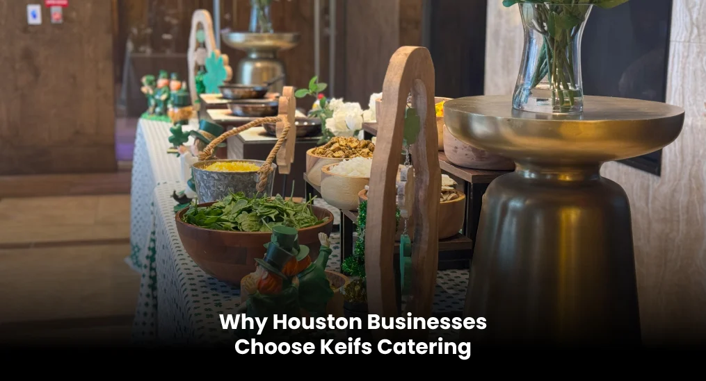 Elegant buffet table setup for Houston businesses by Keifs Catering